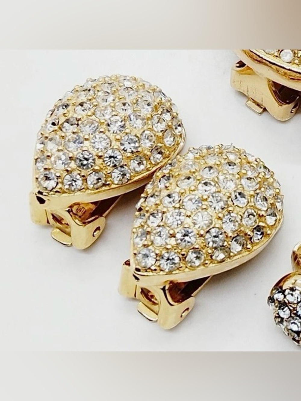 Dior Vintage Signed 18K Gold Plated Crystal Teardrop Clip-On Earrings Authentic